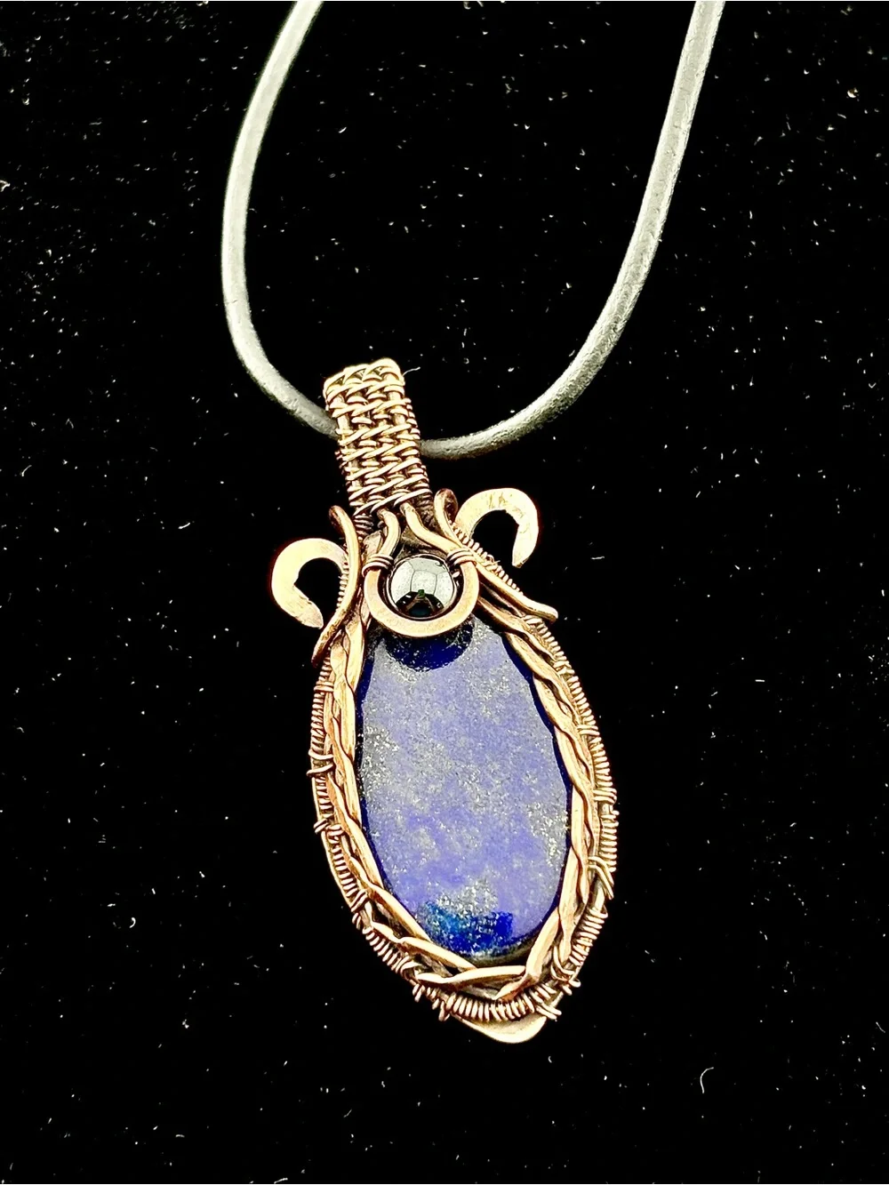 HANDMADE Lapis Lazuli Hematite Copper Wire Wrapped Masculine Pendant Necklace